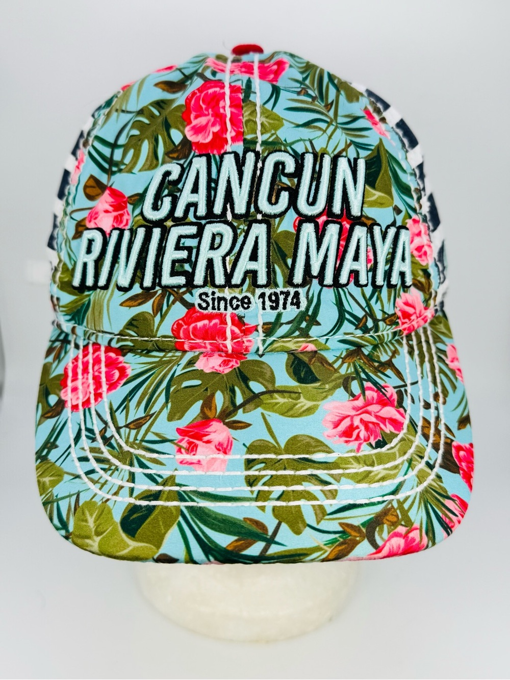 Cancun Riviera Maya Tropical Floral Striped Strap back Hat Cap Pier 27